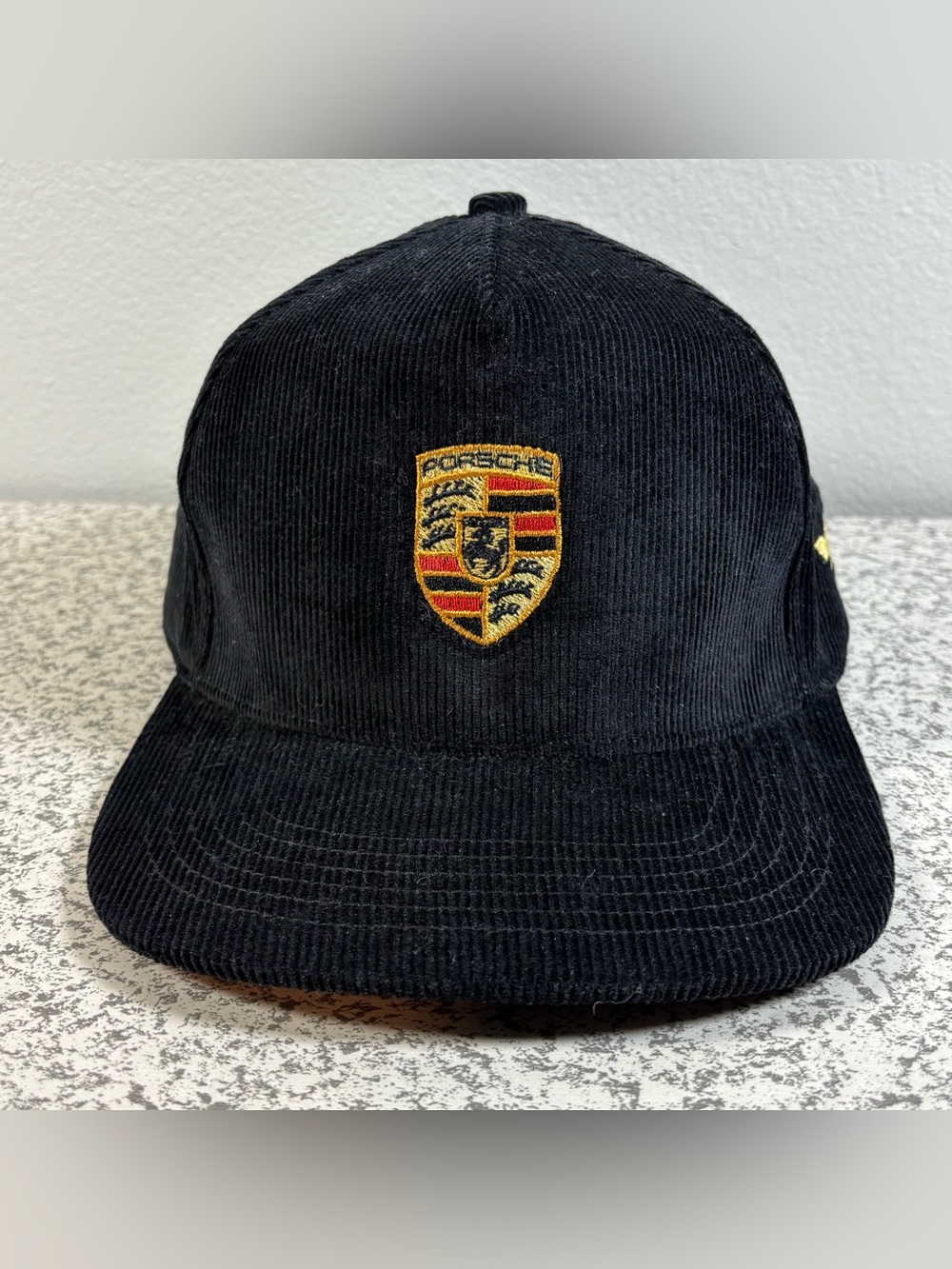 Porsche Corduroy Hat Cap Adjustable Strapback Vintage Sports Car Black Logo EUC